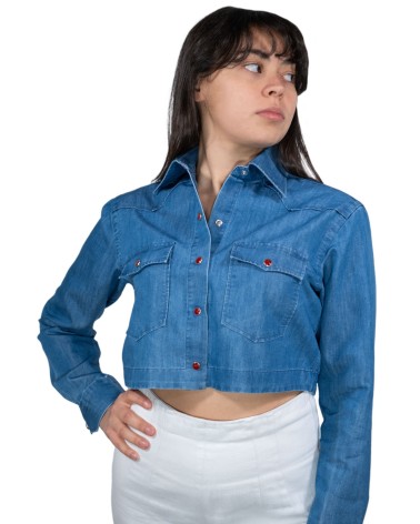 Denim Stone Washed Western Crop Woman Crop Shirt