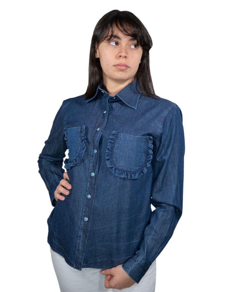 Denim Stone Washed Ruched Woman Shirt